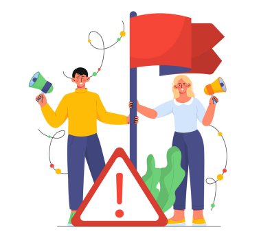 Kırmızı bayraklı kadın ve erkek. Hata uyarısı, işaret ve sembol. İnternet ve virüslerde tehlike, engellenmiş web siteleri ve sayfalar. Bildiri ve duyuru. Çizgi film düz vektör çizimi