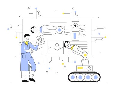 Robot kol çizgisi konsepti olan bir bilim adamı. İnsan mekanik robot, yapay zeka ve makine öğrenimi geliştirir. İşlem otomasyonu ve yenilik. Doğrusal düz vektör çizimi