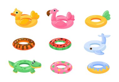 Yaz için plastik can simidi seti. Flamingo ve ördek, çocuklar için koruma. Sahil ve havuz malzemeleri. Tropikal ülkelerde tatil. Çizgi film düz vektör koleksiyonu beyaz arkaplanda izole edildi
