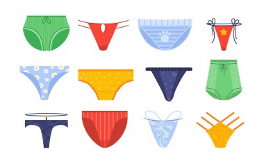 Bikini mayo takımı. Yaz için kıyafetler, sıcak hava, yüzme havuzu ve deniz için. Moda, moda ve tarz. Estetik ve zarafet. Çizgi film düz vektör koleksiyonu beyaz arkaplanda izole edildi