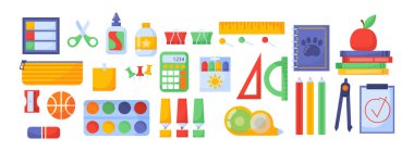 Okul malzemeleri seti. Kırtasiye, cetvel ve .renkli kalemler. Eğitim, öğrenme ve eğitim. Üniversite ve üniversite. Çizgi film düz vektör koleksiyonu beyaz arkaplanda izole edildi