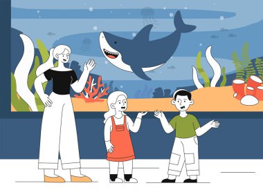 Akvaryum hattında çocuklu bir anne. Kadın ve erkek su altı dünyasının temsilcileri olan deniz hayvanlarına bakıyorlar. Hafta sonları aile eğlencesi. Doğrusal düz vektör çizimi