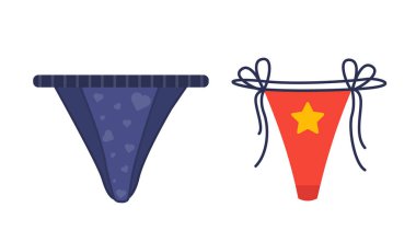 Mayo şortu çıkartma seti. Sıcak havalarda dinlenmek için kırmızı ve mavi iç çamaşırı. Moda, moda ve tarz. Web sitesi afişi ya da afişi. Çizgi film düz vektör koleksiyonu beyaz arkaplanda izole edildi