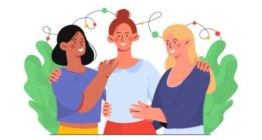 Güzel kadınlar birbirlerine sarılırlar. Kız arkadaşlar sarılır ve gülümser. İyi bir ilişki, olumluluk ve iyimserlik. Takım başarıyı kutluyor, öğrenciler ve meslektaşlar. Çizgi film düz vektör çizimi