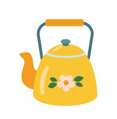 Sarı çaydanlık konseptinde çay. Sıcak içecekler, aroma ve içecek. Mutfak gereçleri ve dushware. Şablon, yerleşim ve modelleme. Çizgi film düz vektör çizimi beyaz arkaplanda izole edildi