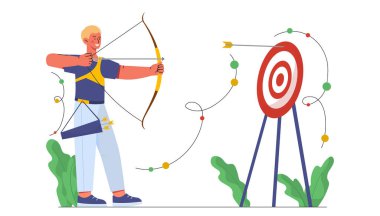 Adam yay konseptiyle hedefi vuruyor. Genç adam küçük silahlarla isabetli atış eğitimi alıyor. Archer doğruluğu geliştirir. Açık hava antrenmanı ve boş zaman. Geleceğin planı ve vizyonu. Çizgi film düz vektör çizimi