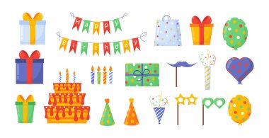 Doğum günü partisi konsepti için elementler. Mumlu pasta, renkli bayraklar ve hediye kutuları. Hediye ve sürpriz. Tatil ve festival. Çizgi film düz vektör koleksiyonu beyaz arkaplanda izole edildi