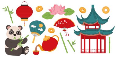 Bir dizi Çin elementi. Panda oturur ve bambu yer, kırmızı vantilatör, apartman dekorasyonu, nilüfer çiçeği. Asya gelenekleri ve kültürü. Çizgi film düz vektör koleksiyonu beyaz arkaplanda izole edildi