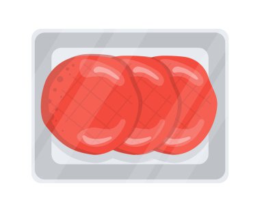 Gösteri konseptinde et. Doğal ve organik ürünler. Market ürünleri, cam altında domuz eti. Şablon, yerleşim ve modelleme. Çizgi film düz vektör çizimi beyaz arkaplanda izole edildi