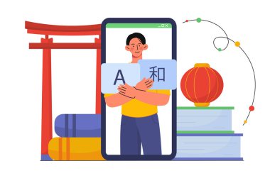 Doğu dili mobil uygulama kavramı. Hiyerogliflerin çevirisi olan genç adam. Eğitici materyaller, öğrenme ve eğitim. Japon kültürü ve etnik kökeni. Çizgi film düz vektör çizimi