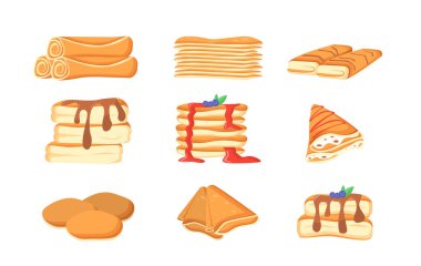 Farklı krep konseptleri. Meyve reçelli, bal ve çikolatalı fırın ürünleri. Sağlıksız fast food ve abur cubur. Çizgi film düz vektör koleksiyonu beyaz arkaplanda izole edildi