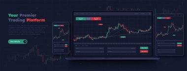 Ticaret platformu iniş sayfası. Yatırım ve ekonomi, grafikler ve çizelgeler. İstatistik ve bilgi grafikleri, veri görselleştirmesi. Mumlar, diyagramlar ve göstergeler. Düz vektör illüstrasyonu