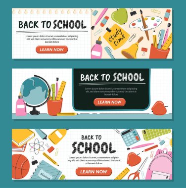 Okul afişlerine geri dönüyoruz. Eğitim, öğrenme ve eğitim. Uluslararası tatil ve festival 1 Eylül. Okul malzemeleriyle dolu bir sırt çantası. Çizgi film düz vektör koleksiyonu yeşil arkaplanda izole edildi