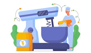 Makine konsepti olan fırıncı. Aşçı şapkalı adam un ürünleri, hamur işleri ve tatlı yiyecekler hazırlıyor. Tatlı ve lezzet. Fırın, kafe ya da mangırlı restoran işçisi. Çizgi film düz vektör çizimi