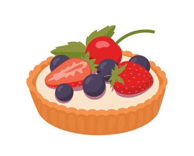 Pastane meyveli pasta etiketi konsepti. Çilekli un ürünü, yaban mersini, hamur işi. Sosyal ağlar ve kuryeler için etiket. Çizgi film düz vektör çizimi beyaz arkaplanda izole edildi