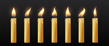 Canlandırma seti için mum alevi. Fotokopi uzayı üzerinde ateş olan Candelights. Din, kutsal ritüel, tören. Şablon, yerleşim ve modelleme. Şeffaf arkaplanda izole edilmiş gerçekçi 3D vektör koleksiyonu