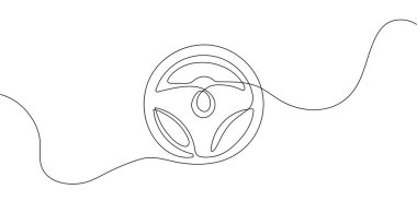 Araba tekerleği sürekli çizgi konsepti. Otomobil, ulaşım ve araç kontrol için ayrılsın. Şablon, yerleşim ve modelleme. El çizimi eskiz. Beyaz arkaplanda izole edilmiş doğrusal düz vektör çizimi