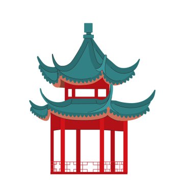 Çin geleneksel bina konsepti. Doğu Asya mimarisi ve kültürü. Çatısı olan ahşap bina. Şablon, yerleşim ve modelleme. Çizgi film düz vektör çizimi beyaz arkaplanda izole edildi