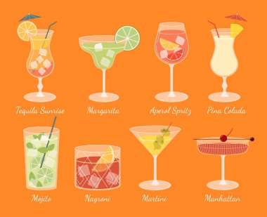Farklı kokteyller. Meyve ve buzlu alvokolik içecekler. Margarita, Martini, Pinacolada ve mojito. Soğuk içecek. Turuncu arkaplanda izole edilmiş çizgi film düz vektör koleksiyonu