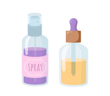 Kozmetik sprey ve losyon konsepti. Makyaj ve cilt bakımı. Estetik ve zarafet, güzellik. Şablon, yerleşim ve modelleme. Çizgi film düz vektör çizimi beyaz arkaplanda izole edildi