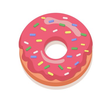 Pembe jöleli çörek konsepti. Pembe serpiştirilmiş fırın ve un ürünleri. Tatlı ürün, abur cubur ve yemek. Poster ya da afiş. Çizgi film düz vektör çizimi beyaz arkaplanda izole edildi