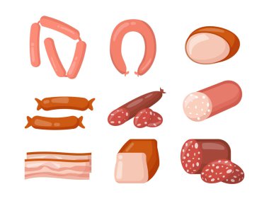 Et ürünleri konsepti. Sosis ve jambon. Doğal ve organik ürünler. Market, market, süpermarket malzemeleri. Çizgi film düz vektör koleksiyonu beyaz arkaplanda izole edildi