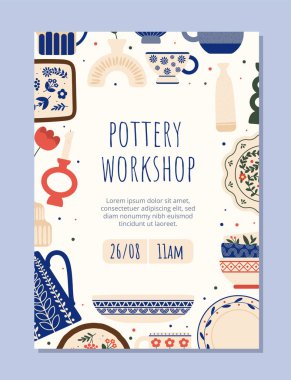 Çömlek atölyesi broşürü. Geleneksel kalıplı mutfak aletleri. Çaydanlık, tabak ve şamdanlı kase. Reklam, pazarlama ve ticaret. Çizgi film düz vektör çizimi