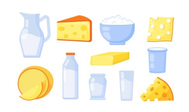 Süt ürünleri seti. Peynir ve süt. Dükkan ve mağaza için doğal ve organik yiyecekler. Protein ve vitamin kaynakları. Çizgi film düz vektör koleksiyonu beyaz arkaplanda izole edildi