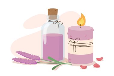 SPA konsepti için bir şişe mum. Aromaterapi, dinlenme ve rahatlama. Vücut ve cilt bakımı. Şablon, yerleşim ve modelleme. Çizgi film düz vektör çizimi beyaz arkaplanda izole edildi