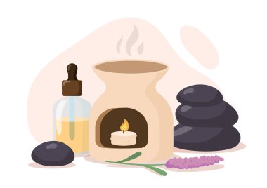 SPA konsepti için taşlı losyon. Estetik ve zarafet. Vücut ve cilt bakımı. Dinlen ve rahatla. Web sitesi afişi ya da afişi. Çizgi film düz vektör çizimi beyaz arkaplanda izole edildi