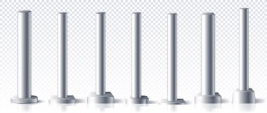 Kopya uzayında çelik metal sütunlar. Fabrika ve imalat. İnşaat ve mimarlık. Kutup silindirleri cıvatalarla vidalanıyor. Şeffaf arkaplanda izole edilmiş gerçekçi izometrik vektör koleksiyonu