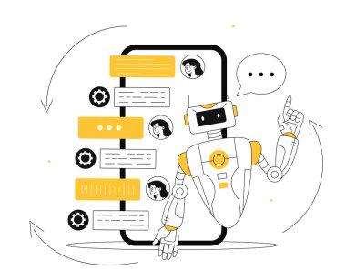 Mobil uygulama hattı konseptinde sohbet robotu. Yapay zeka ve makine öğrenimi. Sık sık sorulan sorulara cevaplar. Mesajlar ve kuryelerle diyaloglar. Doğrusal düz vektör çizimi