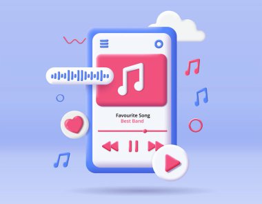 3D müzik çalar simgesi. En iyi gruptan favori şarkılar ve müzik listesi. Mobil uygulama ya da program için arayüz. Müzik ve ses dosyaları için ekipman. Karikatür izometrik vektör çizimi