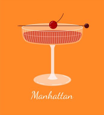 Manhattan kokteyli konsepti. Yaz mevsimi için lezzetli sıvı ve içecek. Alkolik içki. Sosyal ağlar ve kuryeler için etiket. Çizgi film düz vektör çizimi turuncu arkaplanda izole edildi