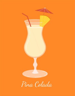 Pina colada kokteyli konsepti. Sıcak hava için lezzetli sıvı ve içecek. Ananaslı soğuk içecek. Web sitesi afişi ya da afişi. Çizgi film düz vektör çizimi turuncu arkaplanda izole edildi