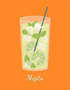 Mojito kokteyli konsepti. Yaz mevsimi için lezzetli sıvı ve içecek. Limon dilimleri ve buz küpleriyle taze alkollü içecek. Çizgi film düz vektör çizimi turuncu arkaplanda izole edildi