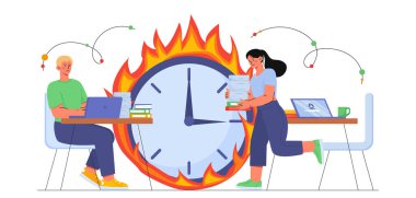 Bitiş tarihi olan insanlar. Kadın ve erkek yanan saatin arkaplanına karşı yarışıyor. Kötü zaman yönetimi ve verimsiz iş akışı organizasyonu. Son teslim tarihi baskısı. Çizgi film düz vektör çizimi