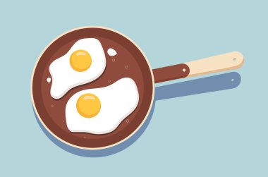 Kızartma tavasında yumurta. Doğal ve organik taze ürün. Geleneksel sabah kahvaltısı. Şablon, yerleşim ve modelleme. Çizgi film düz vektör çizimi mavi arkaplanda izole edildi