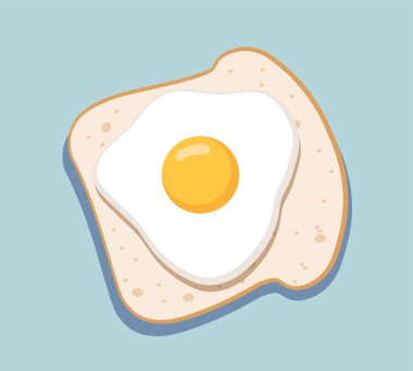 Yumurta ve tost kavramı. Doğal ve organik taze ürün. Geleneksel sabah kahvaltısı. Sağlıklı beslenme. Şablon, yerleşim ve modelleme. Çizgi film düz vektör çizimi mavi arkaplanda izole edildi