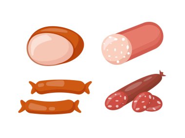 Et ürünleri konsepti. Salam ve sosis. Barbekü için yemek, bbq. Doğal ve organik taze yiyecekler. Şablon ve maket. Çizgi film düz vektör koleksiyonu beyaz arkaplanda izole edildi