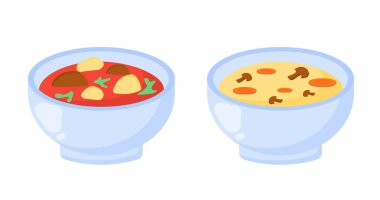 Tabak konseptinde çorba seti. Menü kafe ya da restoran. Vejetaryen diyeti ve sağlıklı beslenme. Web sitesi afişi ya da afişi. Çizgi film düz vektör koleksiyonu beyaz arkaplanda izole edildi