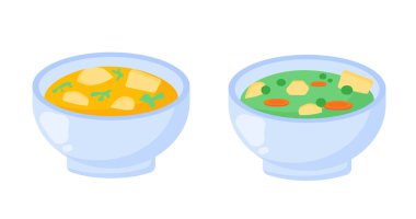 Tabak konseptinde çorba seti. Hazır havuç ve patates. Vejetaryen diyeti ve sağlıklı beslenme. Şablon, yerleşim ve modelleme. Çizgi film düz vektör koleksiyonu beyaz arkaplanda izole edildi