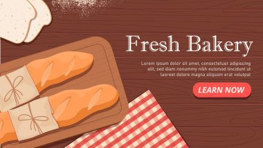 Taze fırın iniş sayfası. Ekmek ve baget ekmeğin en üst görüntüsü. Un ürünleri ve pasta. Kafe ya da restoran. Web sitesi afişi ya da afişi. Çizgi film düz vektör çizimi