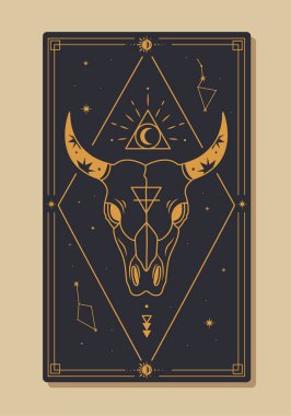 Sihirli tarot kartı vektör konsepti. Altın çizgili geleneksel süsler. Boğa silueti. Mistisizm ve ezoterizm. Çizgi film düz vektör çizimi bej arkaplanda izole edildi