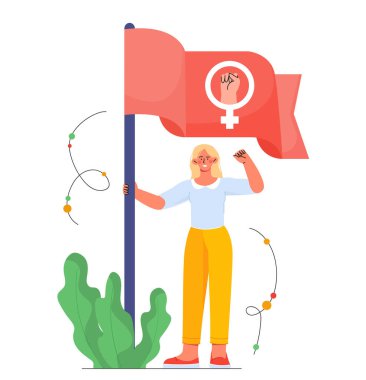 Feminist bayrak konsepti olan kadın. Kırmızı bayraklı genç kız, seks sembolü. Karakter kavgası cinsiyet ayrımcılığına karşı. Hoşgörü, saygı ve eşitlik. Çizgi film düz vektör çizimi