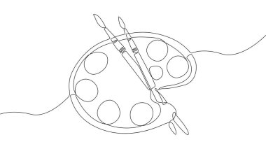 Palet sürekli çizgi konsepti. Fırçayla yapılmış resimler, yaratıcılık ve sanat için hazırlanmış. El çizimi eskiz. Stüdyo ya da atölye. Beyaz arkaplanda izole edilmiş doğrusal düz vektör çizimi