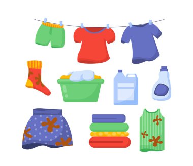 Kirli çamaşır seti. Tişört, çorap ve sepet. Çamaşır, temizlik ve hijyen. Deterjan ve sabun. Çizgi film düz vektör koleksiyonu beyaz arkaplanda izole edildi