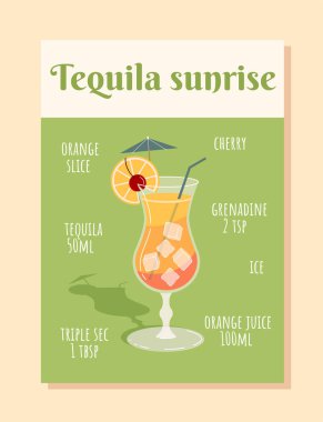 Tequilla Sunrise Intents konsepti. Portakal dilimi ve meyve suyu, kiraz, nar suyu ve tekila. Bardakta kokteyl olan poster. Alkolik içki ve içecek. Çizgi film düz vektör çizimi