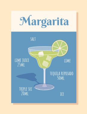 Margarita içeriği konsepti. Tuz, limon dilimi ve meyve suyu, tekila deposu, Ice. Bardakta kokteyl olan poster. Broşür, broşür ve kitapçık. Çizgi film düz vektör çizimi