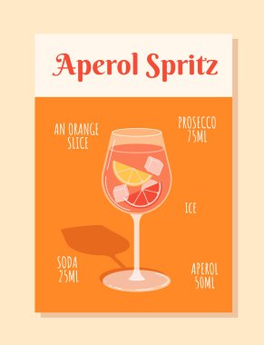 Aperol Spritz içeriği kavramı. Portakal dilimi, Prosecco, soda ve aperol, Ice. Bardakta kokteyl olan poster. Soğuk alkollü taze içecek ve içecek. Çizgi film düz vektör çizimi